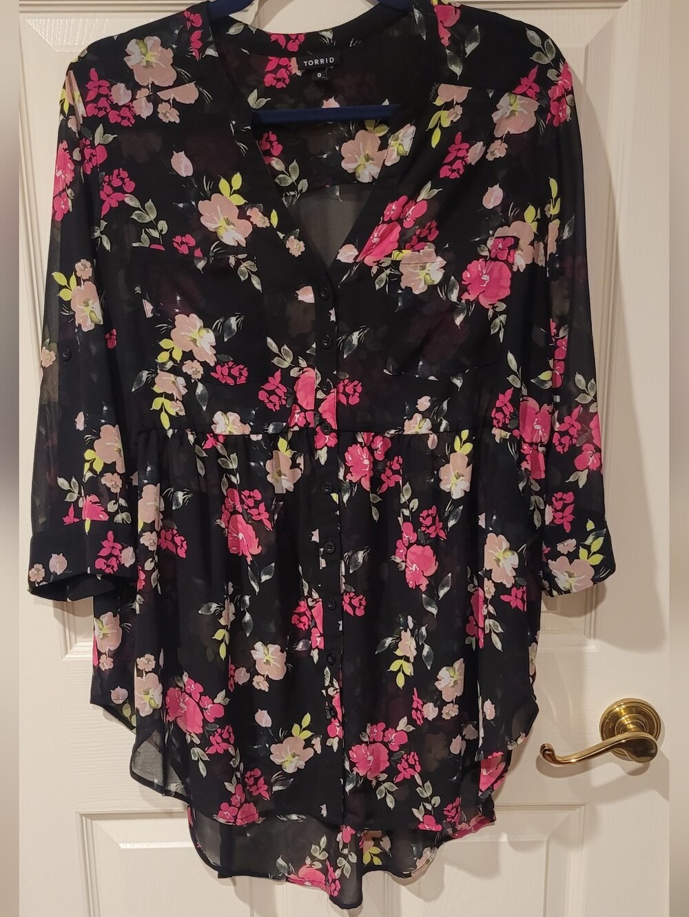 torrid Black Floral Sheer Button-Front Tunic with Pink and Cream Blooms